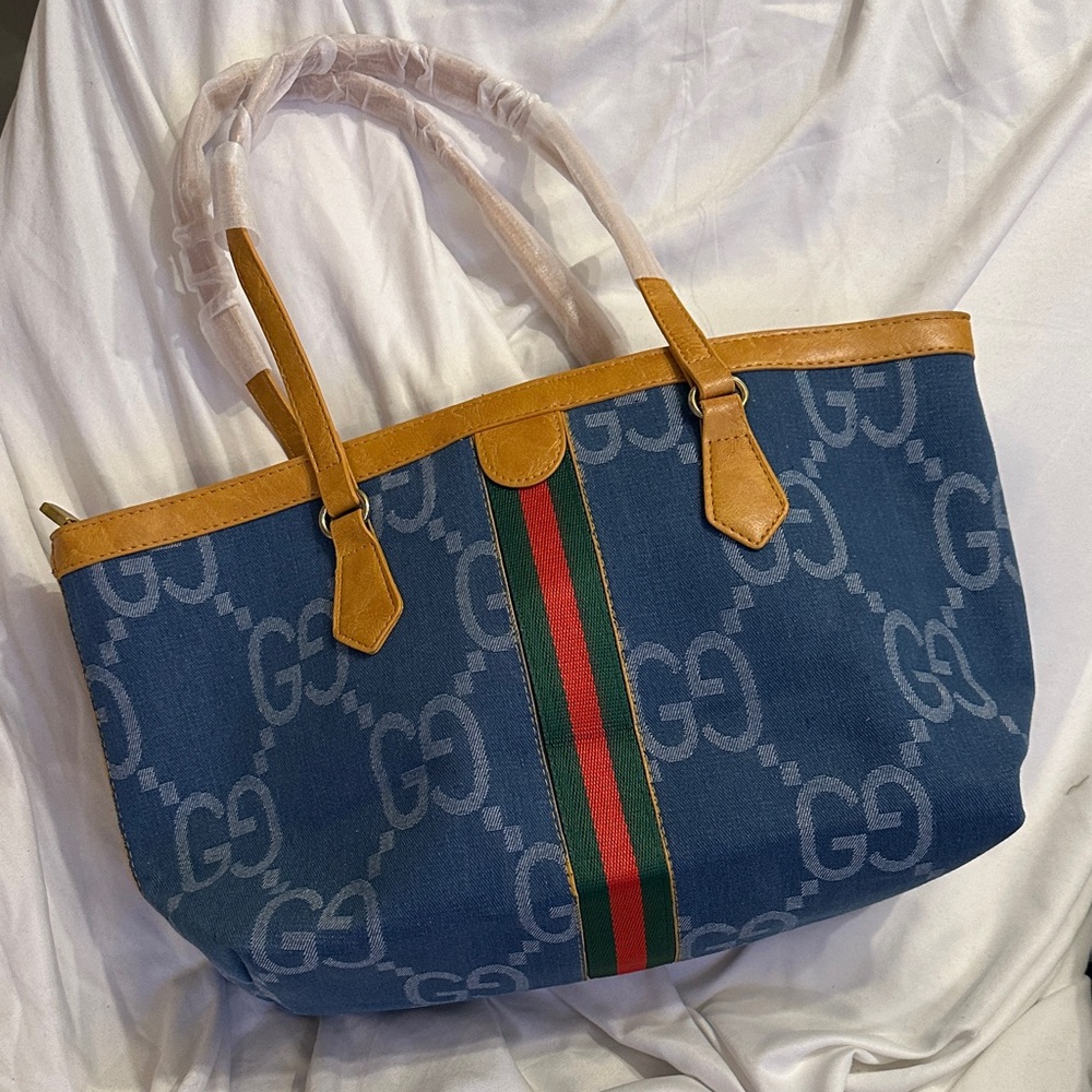 Elegant Blue and Tan Designer Tote